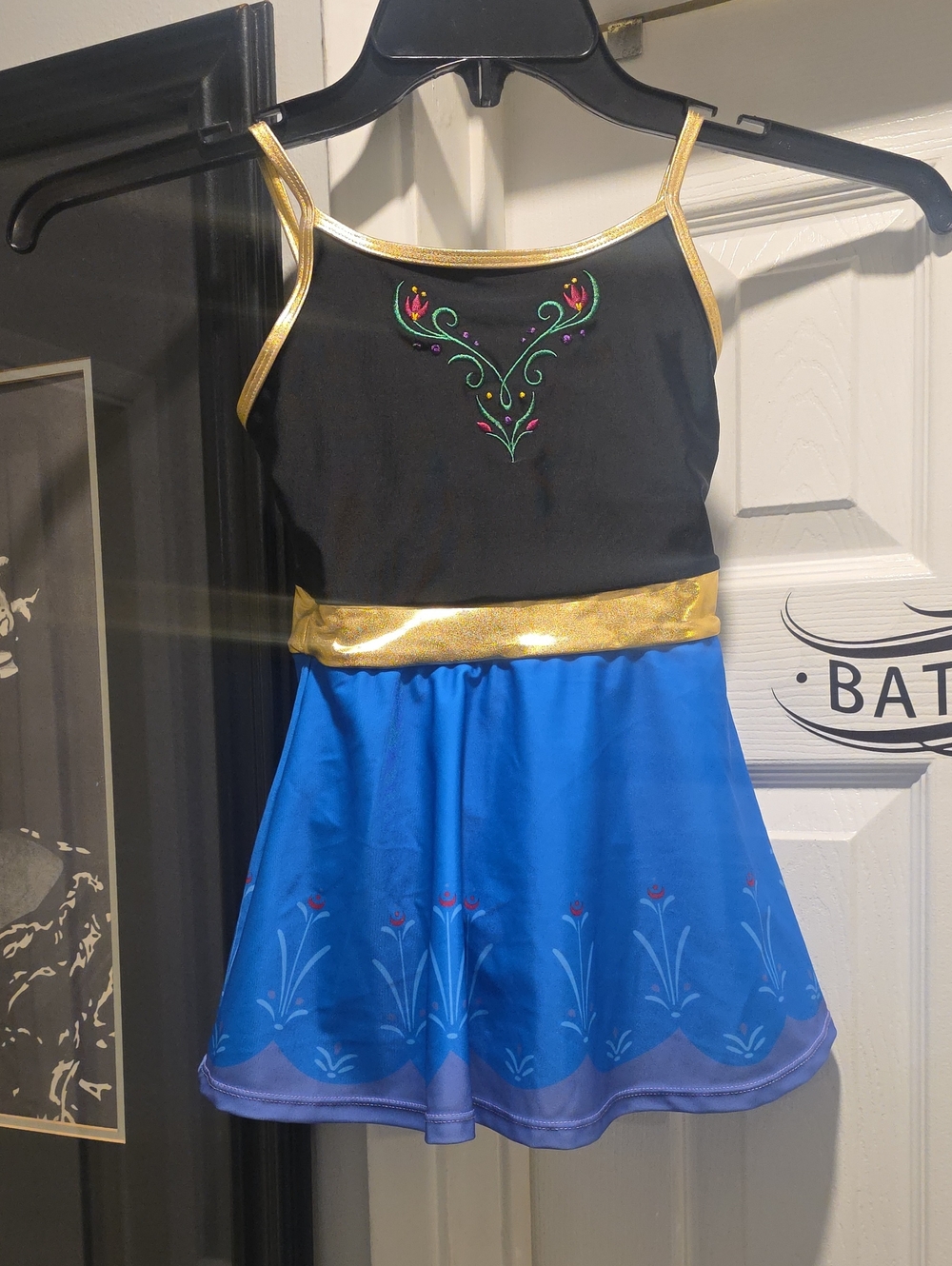 Girls' Black & Blue Anna-Inspired Costume Dress with Gold Trim